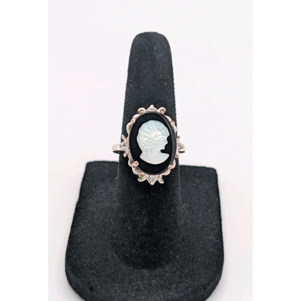 Vintage Lind Art Deco Cameo Black Faux Onyx 925 Sterling Silver Plated Ring